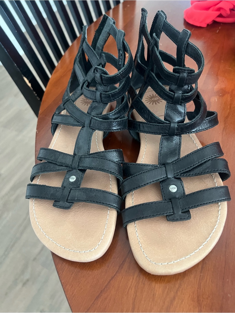 UGG Black Strappy Gladiator Sandals with Tan Footbed